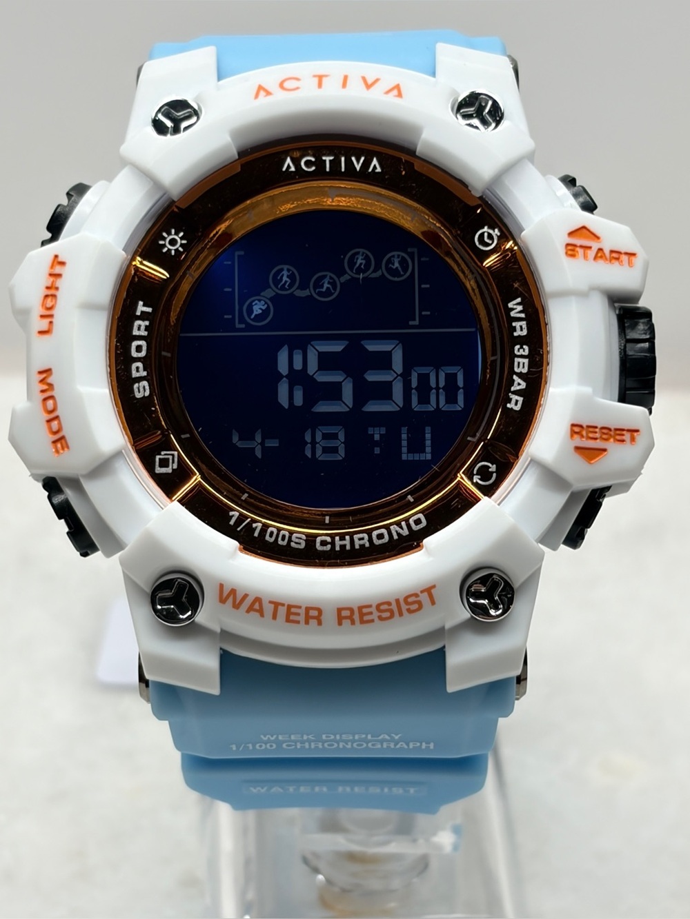 Activa X Invicta 50mm White & Light Blue Digital Sport Watch with Orange Accents